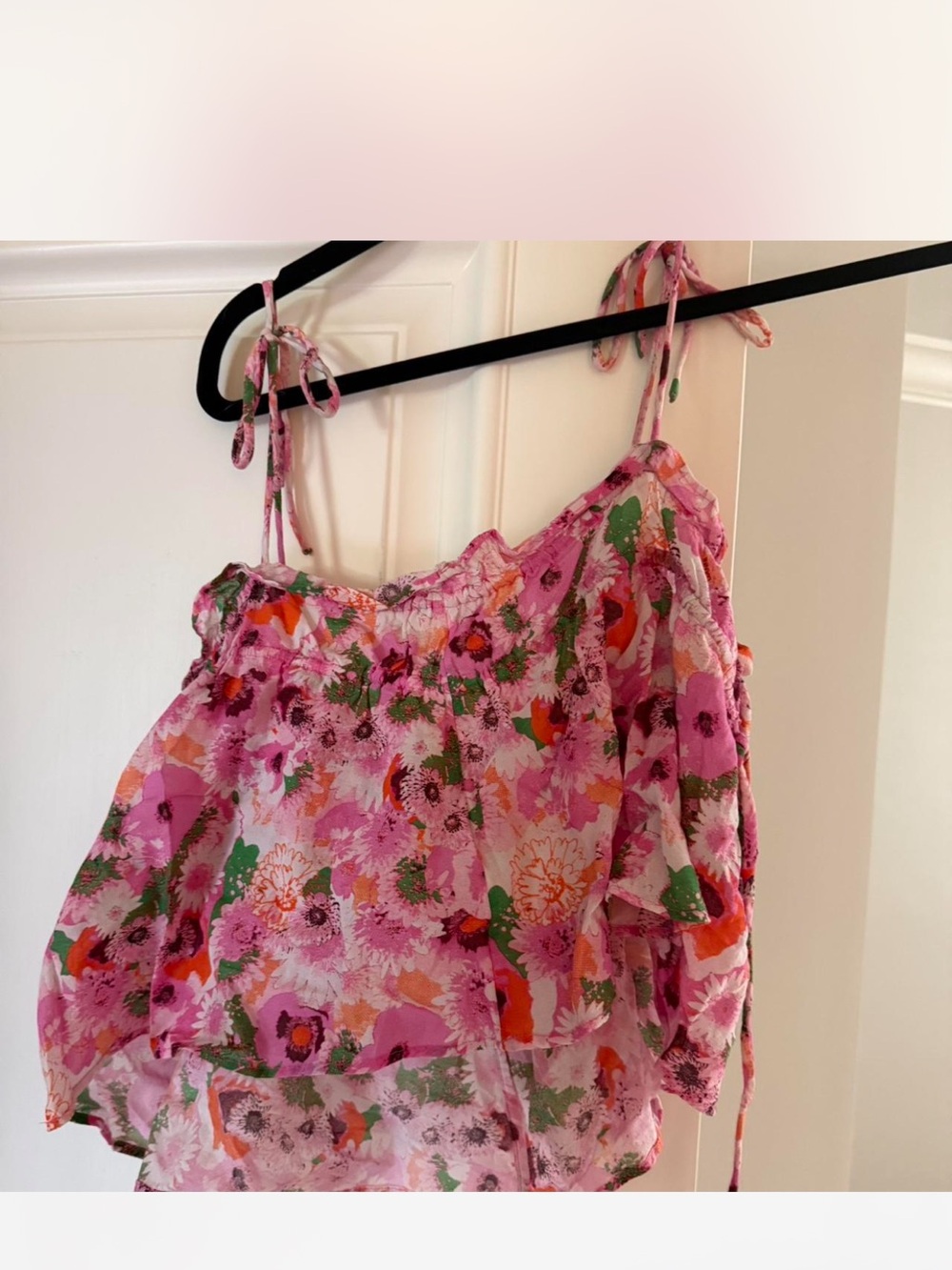 Ganni Pink Floral Tie-Shoulder Ruffle Crop Camisole - Picture 4 of 4